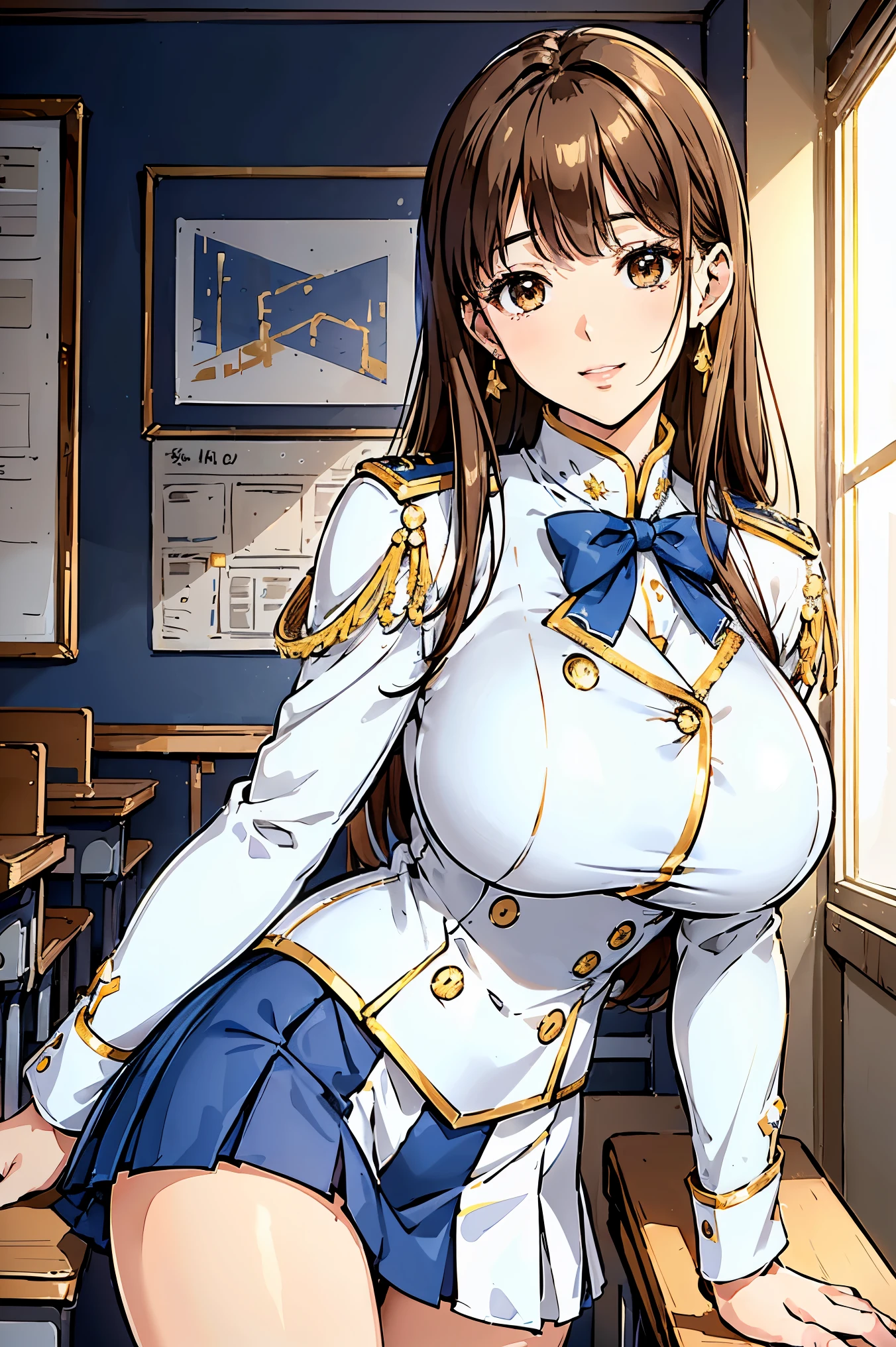 elite , Blue, White and Gold Uniform, White Skirt, White top, Blue Ribbon, Gold Button, Golden shoulder massage, Young people, 19 years, Brown Hair, Haircut with dull bangs, Brown eyes, beautiful Brown eyes, Large Breasts, Impressive body curves, Naughty smile, Pink Lips, , Cute pose, masterpiece, Classroom Background, School