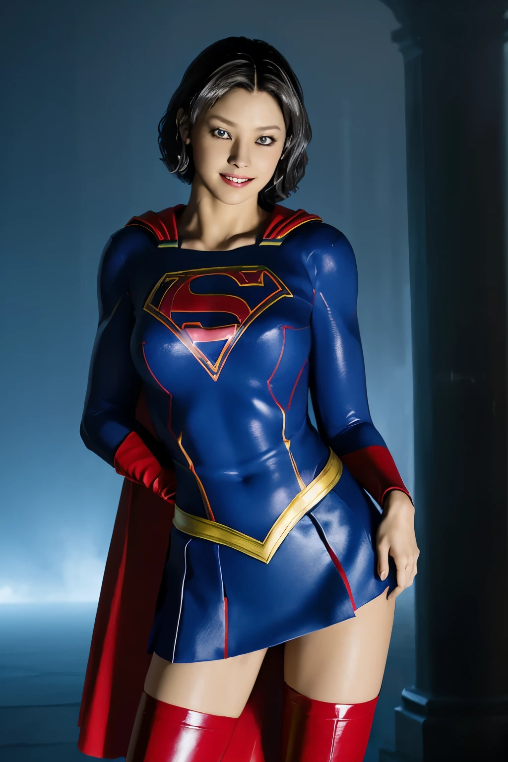 No background、(((Beautiful legs in black tights.)))、(((Legally express the beauty of your smile)))、((((Make the most of your original images)))、(((Supergirl Costume)))、(((Beautiful short bob hair)))、(((suffering)))、(((Please wear black tights....、Wear red boots)))、((Best image quality、8k))、((highest quality、8k、masterpiece:1.3))、(((Preserve background )))、Sharp focus:1.2、Beautiful woman with perfect figure:1.4、Slim Abs:1.2、Wet body:1.5、Highly detailed face and skin texture、8k