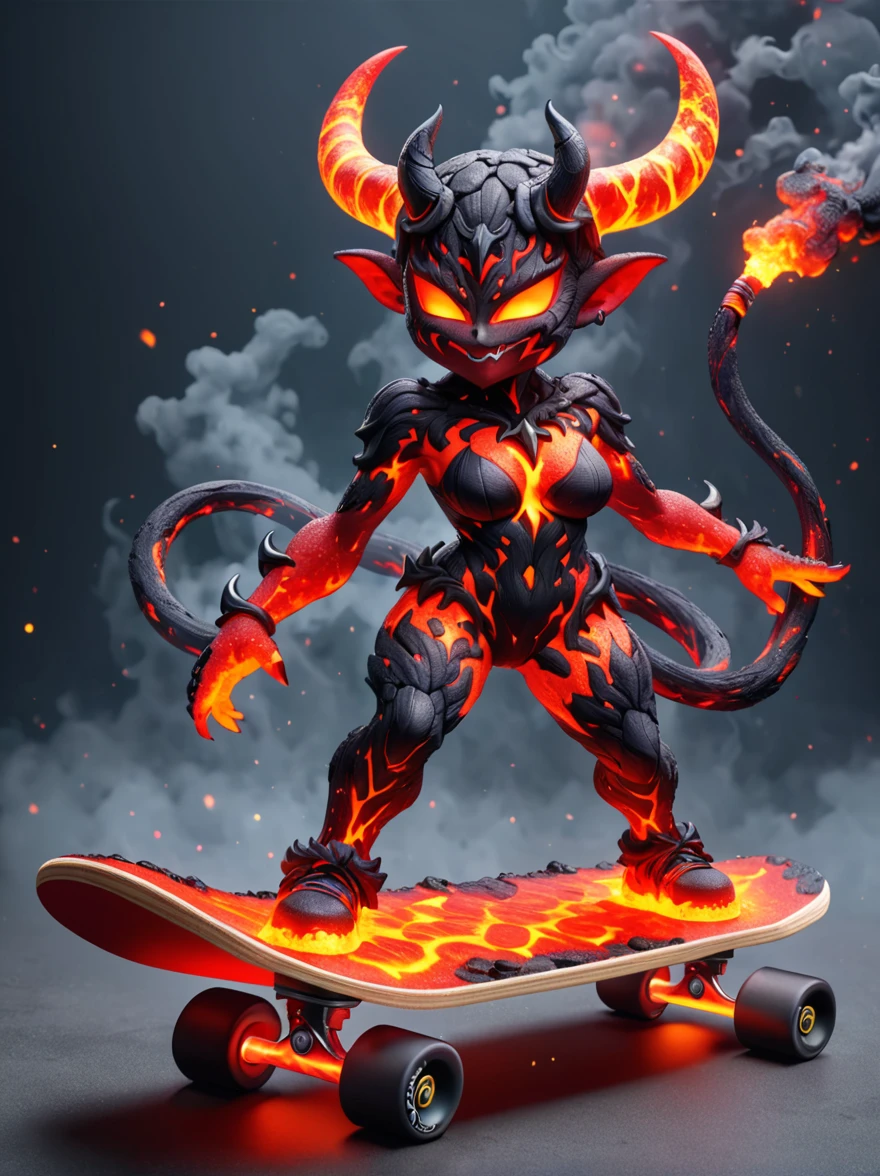 (1 female devil with a body made of volcanic magma and lava:1.5)，(With menacing horns and crimson lava skin:1.3), strike a playful pose, Standing on a skateboard, (Close one eye:1.3), Red Eyes, Pouting cute little mouth, Swirling tendrils of smoke leave behind them，proudly, Cartoon Style, full-body shot, Created with C4D and Blender, Blind box toy styles, Super Detail, Anatomically correct, masterpiece, precise