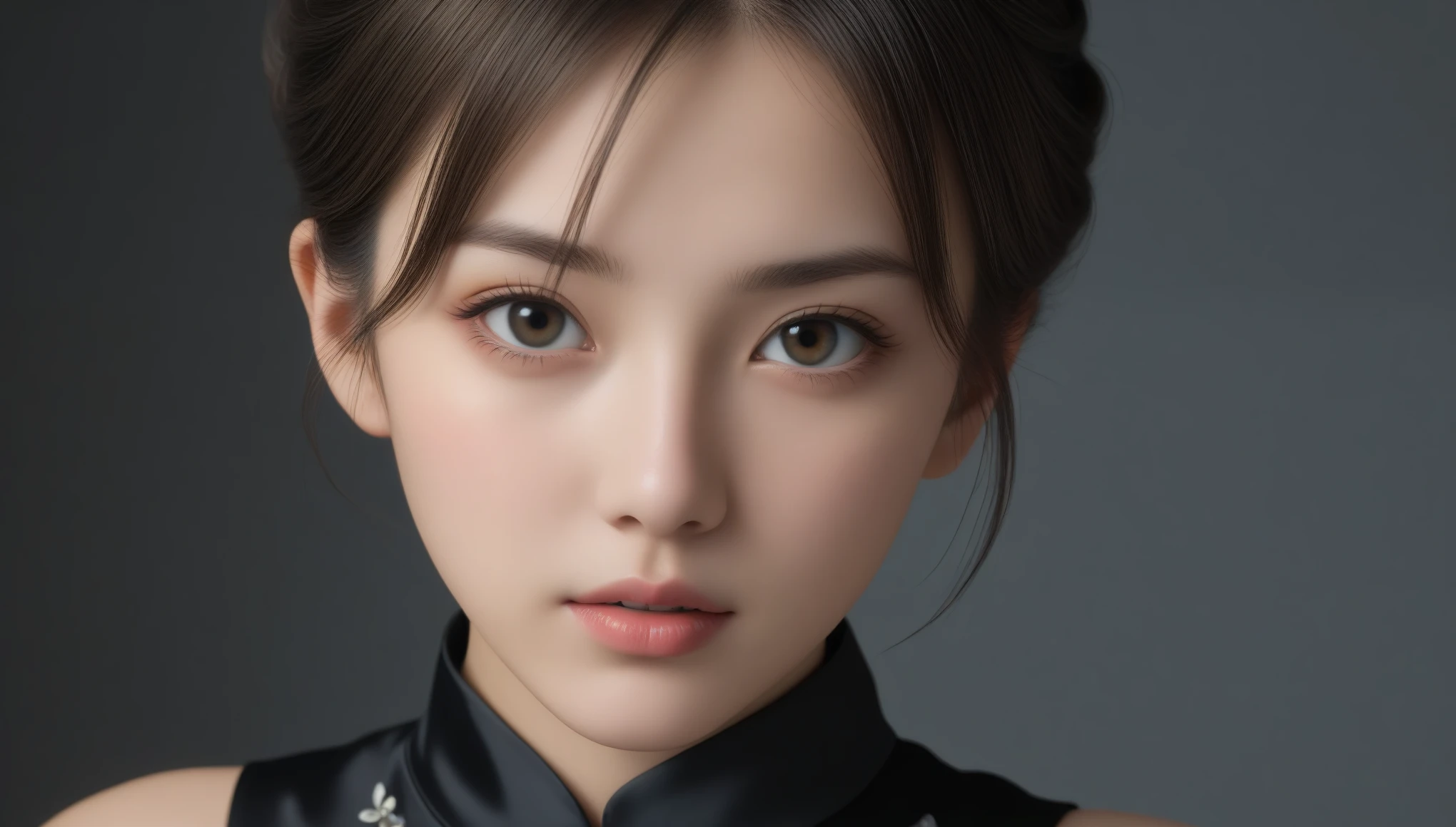 88K, 超High resolution, highest quality, masterpiece, Surreal, photograph, 1 girl, (16 years old:1.3), cute女の子, cuteface, Beautiful eyes in every detail, black silk dress、intellectual,(Gaziantep:1.5), close, masterpiece, highest quality, 生photograph, Realistic, face, Unbelievably absurd, beautiful girl, cute, Bun Hair, Depth of written boundary, High resolution, 超detailed, finely, 非常にdetailedな, 非常にdetailedな eyes and face, Sharp pupils, Realistic students, Sharp focus, Cinematic lighting、Depth of written boundary、Vivid details、detailed、Surreal、Light and shadow,Strong light,Fashion magazine cover,Thin lips