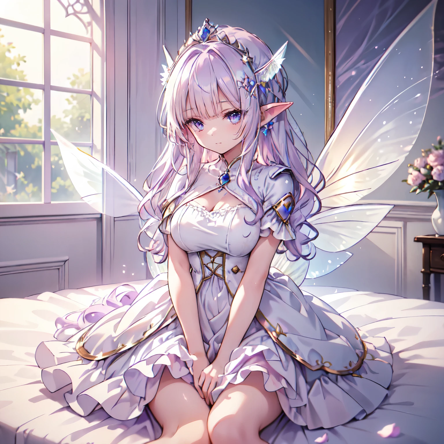 (highest quality, Very detailed, beautiful, Exquisite, 16k, Full HD), Looking down,(Sleep on your back,On the bed),((soft, Sparkly layered dress)),A large and beautiful dress inspired by rose flowers, Hanabubuki,The screen is surrounded by flowers,Frills,Decorated with rhinestones、Ball gown with intricate waves,(Art Station, Fantasy art:1.2), pastel colour,((Giant white fairy wings:1.5)),(Gradient Hair, Light blue hair, Wavy Hair,fluffy hair,tiara,anklet,Lavender eyes, Long eyelashes, beautiful purple eyes,Cheeks are pale pink,Pointed Ears,Big Breasts,fluffy),Dazzling Light, Warm lighting,Bright light,Romantic light