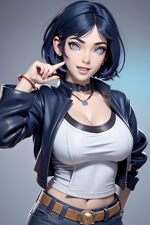 (masterpiece, 2k, anime style:1.9, front Photo, Lovely smile, Cute face, open mouth, Correct finger anatomy, Open jacket, (White crop top, casual pants, belt, bracelet)), Hinata\(Boruto Naruto Next Generations\), Mature female, permanent, (Curvy beauty:0.8), (short hair, Ji Qie), (Dark blue hair color:1.1), White, Large Breasts,,（Low-cut clothing，Big Breasts，（Cleavage）） Flat Belly, Perfect eyes, Anime eyes, Smoked eyeliner, Eyeshadow, Perfect face, Shy, Clear focus, Professional artwork, Intricate details, rich and colorful, Vibrant colors, Bright colors, Digital Mixing, Extremely detailed body, Ultra-fine hair, Super detailed face, Popular topics on pixiv, Very popular color, Sunlight, Lean sideways