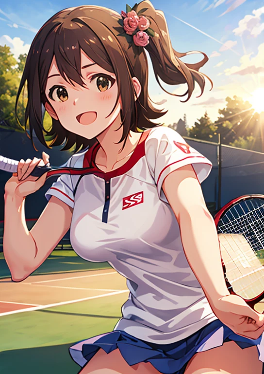 Mirai Kasuga, (highest quality, 8k, masterpiece, Very detailed:1.2), (Lens flare, Particles of light, Shine), Big Breasts, smile, Open your mouth, masterpiece, highest quality, Very detailed, High resolution, Very detailedなCG, (Official Art), Tennis Wear,  (Embarrassing:1.1), (blush:1.2), Open your mouth, (shout:1.1), (Moving lines:1.1),  blue sky, Tennis court,Cowboy Shot