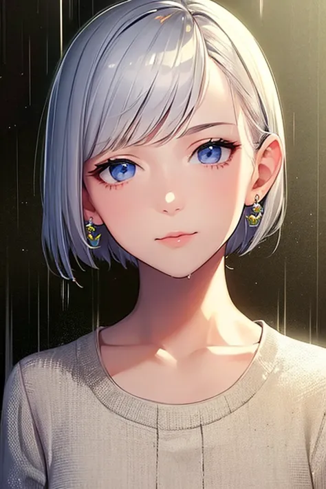 cute, masterpiece, highest quality, one girl, alone,look down,silver hair, small earrings short hair, casual,outside,rain,artist...