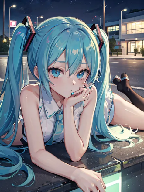 hatsune miku wearing a snorkel and smoking a cigarette while lying face down at a highway service area at night,neon