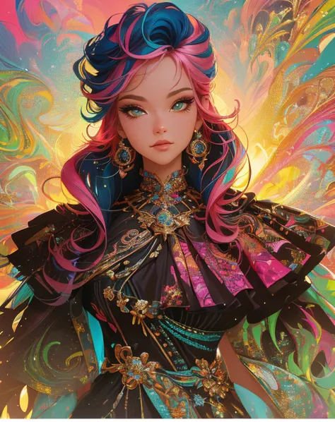 a woman with colorful hair and a bright dress looks up at the sky, jen bartel, vibrant digital painting, colorful digital painti...