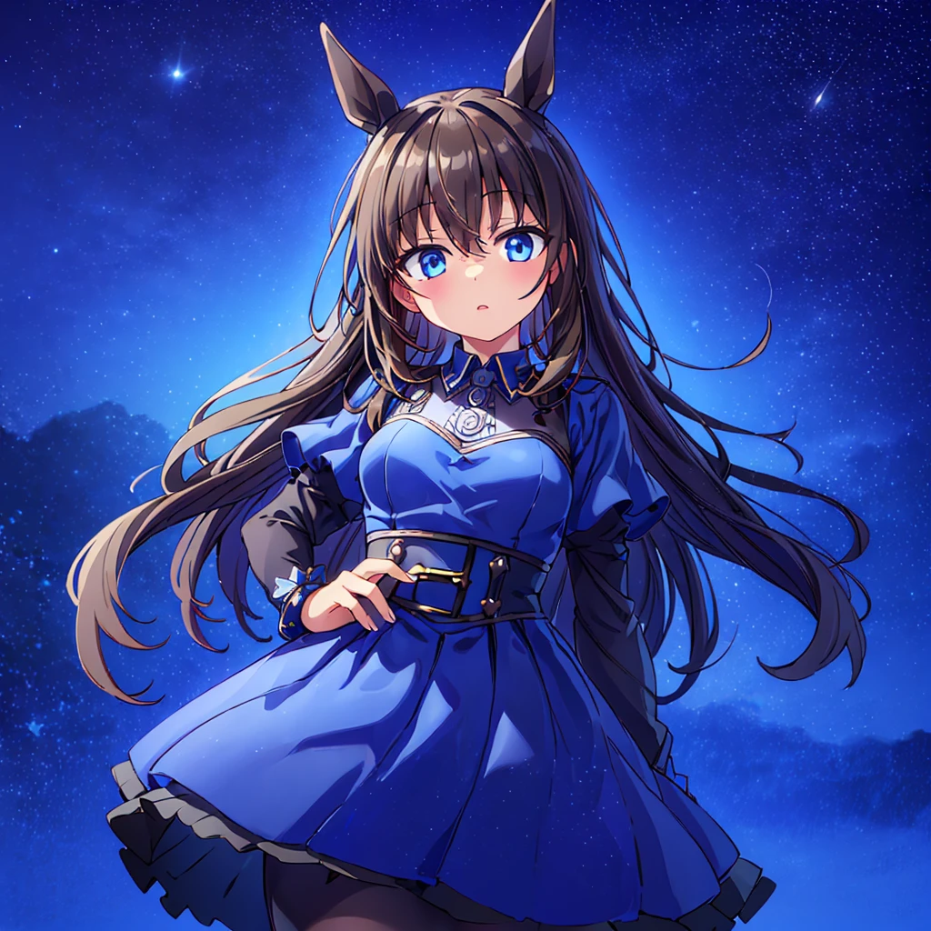 (masterpiece)、(highest quality)、(Detailed Expression)、(Starry sky background)、(Simple Background)、(Perfect hands)、(10 year old girl)、(1 person)、Gloss、shadow、Night Sky、Small breasts、Blue Dress、black tights、blue eyes、horse ear、Brown Hair、mini skirt