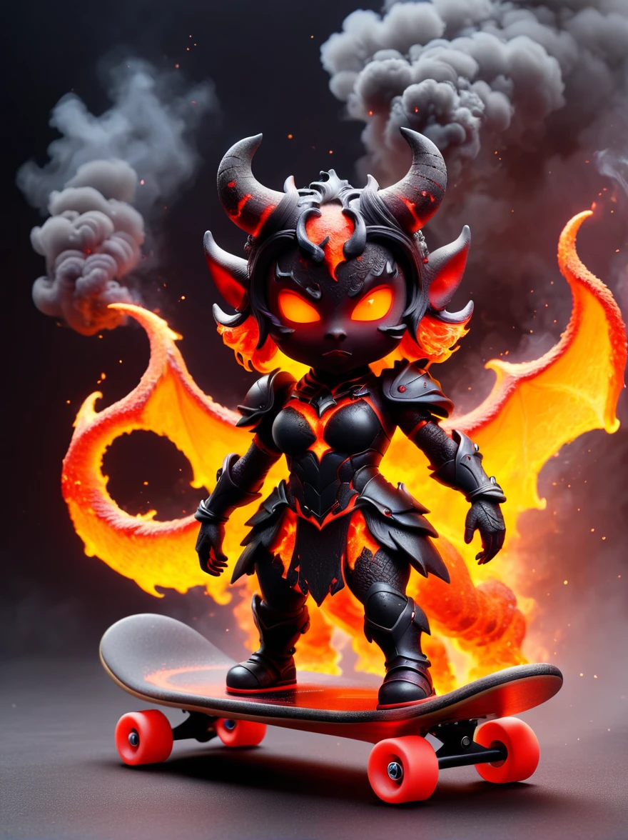 (1 female devil with a body made of volcanic magma and lava:1.5)，(With menacing horns and crimson lava skin:1.3), strike a playful pose, Standing on a skateboard, (Close one eye:1.3), Red Eyes, Pouting cute little mouth, Swirling tendrils of smoke leave behind them，proudly, Cartoon Style, full-body shot, Created with C4D and Blender, Blind box toy styles, Super Detail, Anatomically correct, masterpiece, precise