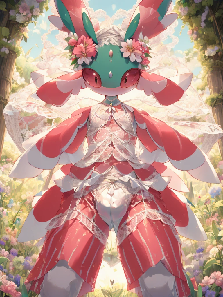one person、male、Male physique、lying(pokemon)、masterpiece、highest quality、(((Revealing white lace underwear)))、bra with ribbon、Grassland Background、Shy pose、Big ribbon on the waist、Idol costume with ribbons and frills、In the flower garden、View from below