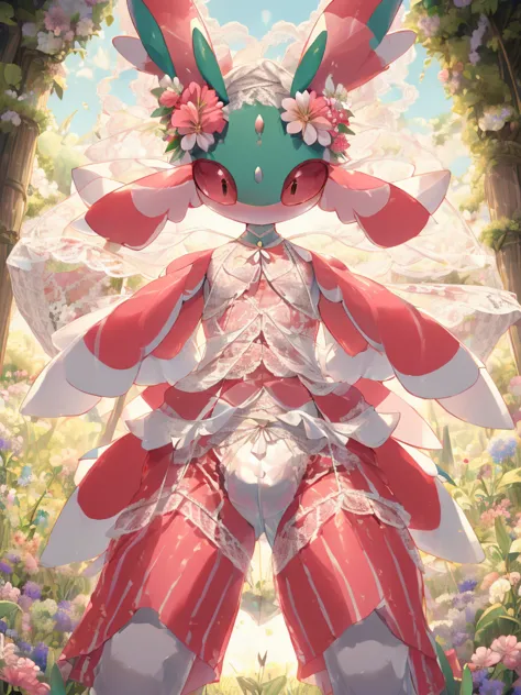 one person、male、maleの体格、lurantis(pokemon)、masterpiece、highest quality、(((Revealing white lace underwear)))、bra with ribbon、Grass...