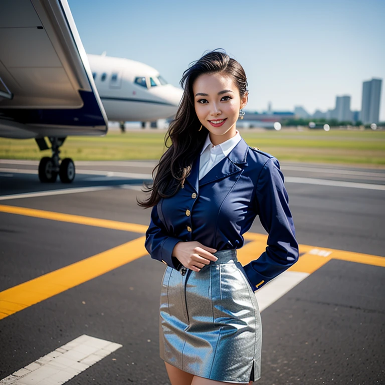 (Thai woman),(highponytail),(forehead),(Cabin attendant, stewardess, flight attendant),　(Stewardess Uniform:1.5),(short skirt),(enormous breasts:1.6),(slim waist:1.3),(smile:1.5),(aircraft runway in the background:1.5)), (cowboy shot:1.4),8k, UHD,