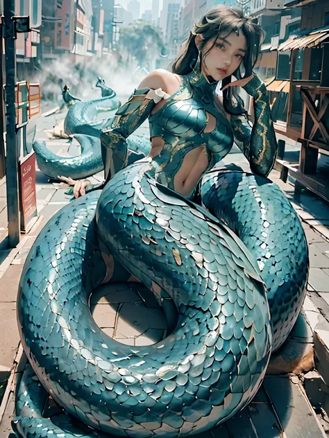 ((best image quality, 8k, masterpiece: 1.3)), giant, giant snake, giant snake queen, beautiful malay woman with slim abs: 1.3, (...