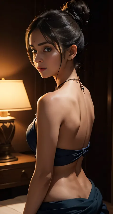 Amazing portrait of a sexy woman who is wearing a backless blouse and a saree and hair tied in a bun in a tiny and dark room wit...