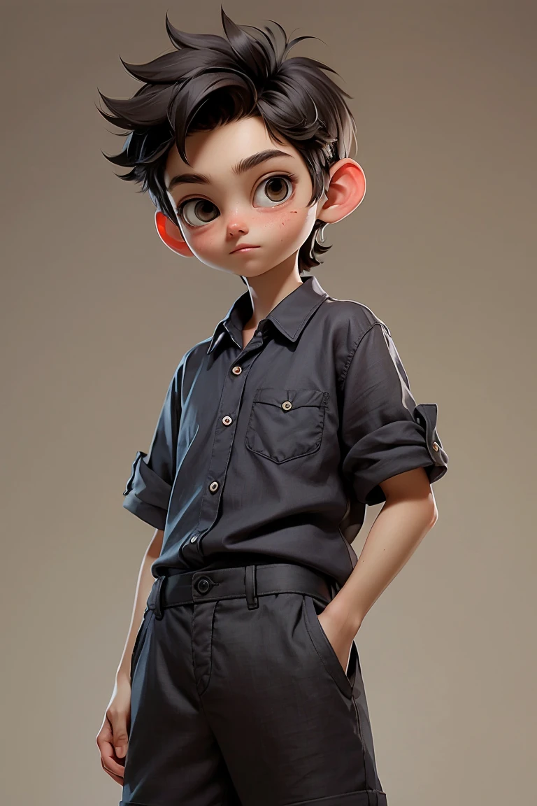 (masterpiece, best quality), 1 Boy, Around 11 years old，Dark brown messy short hair, Black eyes，Small Breasts, clever，High IQ，Music Boy，Black cotton and linen loose shirt. and linen loose shorts, only, Standing, Relaxed looking at the camera.