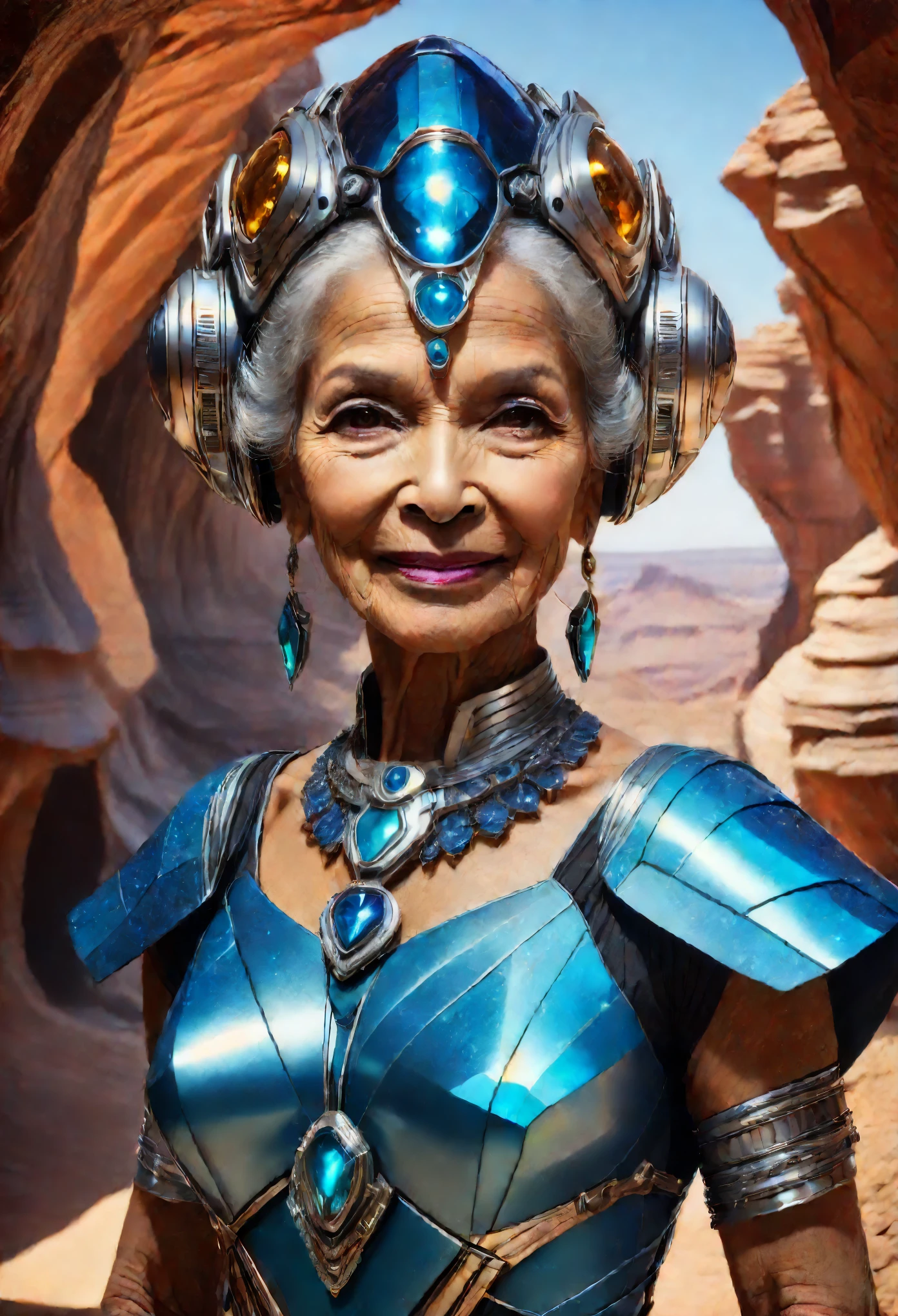 astronaut grand mother in saree, a cyborg Indian . cyborg old indian granny stands gracefully, adorned in traditional Indian attire with a vibrant saree, with glass helmet adorned with jewels, a shimmering maang tikka adorning her forehead, hi tech and distinctive hitech cyborg cyber eyes. scifi cyborg grandmother artificial skin  Despite her mechanical enhancements, her demeanor exudes warmth and wisdom, embodying the perfect blend of tradition and technological advancement. cyborg grand mother With a gentle smile, she welcomes them and begins to share tales of her adventurous life, seamlessly weaving together tales of her past and her futuristic augmentations. With each word, she leaves an indelible impression on the protagonist, reminding them that even in a world of advanced technology, the essence of humanity and cultural heritage remains deeply cherished. cyborg eye, artificial eye. cave cafe in antelope canyon, focus on detail of canyon friend eating inside of lobby antelope canyon like cafe of ((Masterpiece))underground cave city, gray rocky surface which is covered with a thick layer of dust, futuristic sci-fi masterpiece, cybernetic residential beehive pod architecture designs carved inside of grand canyon caves, luxury cafe, realistic ,intricate, detailed ,modern, neo cave centric design,rocks,blue fountain, waterfalls,desert caves, organic futurism, indigenous futurism,futuristic vision, architecture styles of Rem Koolhaas,Daniel Libeskind, Jean Nouvel, Paolo Soleri, upstairs, balconies, futuristic facades, trending on art station, beautiful lighting,masterpiece, fantasy, intricate, award winning, 4k, highest quality render model:Real , heart shaped architecture ((masterpiece)),((best quality)),((high detail)),((realistic,)) Futurist era city. full body. 