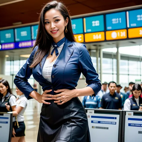 (Thai woman),(highponytail),(forehead),(Stewardess Uniform:1.5),(short skirt),(enormous breasts:1.6),(slim waist:1.3),(smile:1.5...
