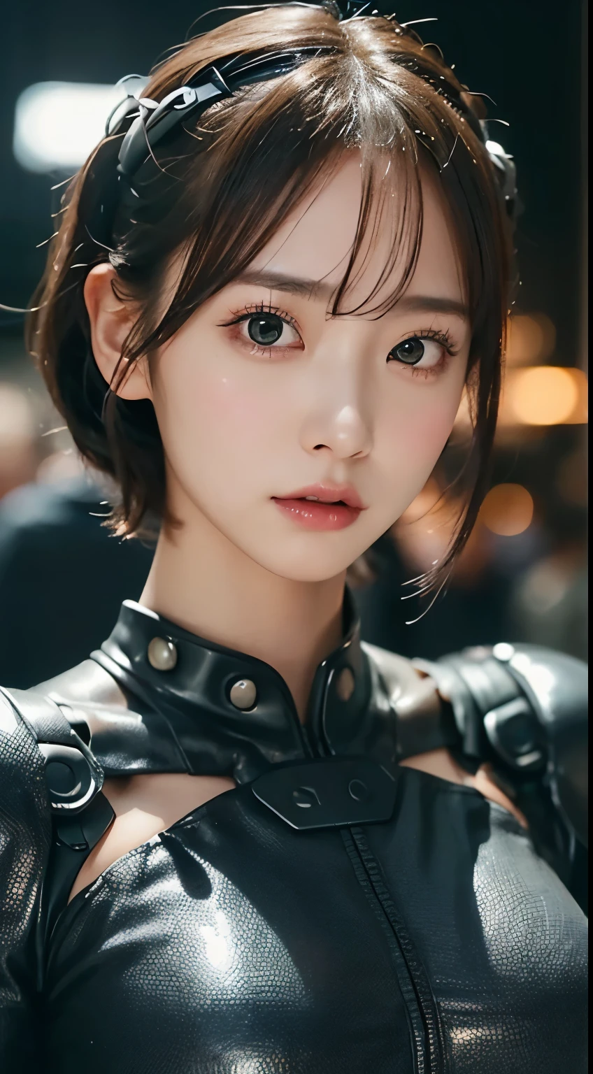(Fermer:1.4)、(photo brute:1.2)、(Photoréaliste:1.4)、(chef-d&#39;œuvre:1.3)、(la plus haute qualité:1.4)、(belle femme avec un corps parfait:1.4)、Une femme se tient devant un groupe de robots、belle femme androïde、belle femme soldat、fille en costume、uniforme de combat complexe、belle jeune femme japonaise、Texture du visage et de la peau très détaillée、petit, grands yeux、double paupière、visage mignon、(carré court:1.2)、(Gros seins)、(Prise de vue complète du corps)、tir de cow-boy、(expression de colère:1.2)、Scènes de tempête et de guerre épiques、scène cyberpunk、nuit、éclairage、Combinaison de prise、Dommages aux uniformes de combat、