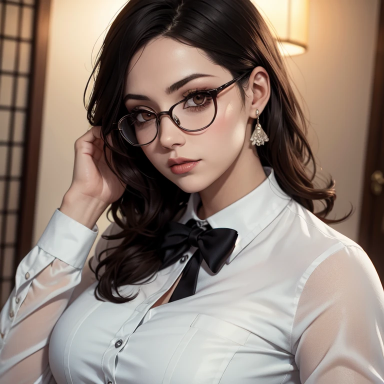 Hermosa maestra lentes redondos cabello naranja ondulado semi largo cuerpo firme senos perfectos camisa de botones falda formal labios carnosos cara tierna 