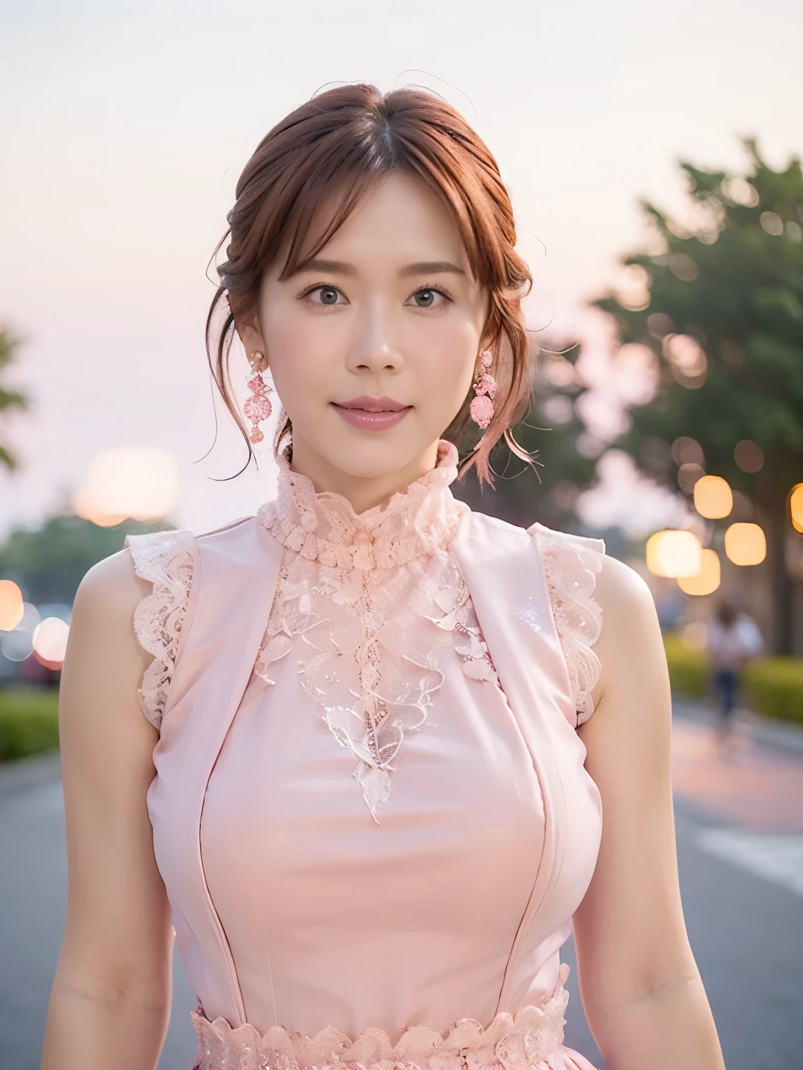 a woman posing on the street corner with Pink Dress on, highest quality, High resolution, 8k, 1people々々girl, (Huge breasts), Day, bright, Outdoor, (street:0.8), (people々々々, crowd:1), (Lace Trim Dresses:1.5, Pink clothes:1.5, Pink high neck dress:1.5, Sleeveless dress, Pink Dress: 1.5), Nice, (Medium Hair), Beautifully detailed skies, Beautiful earrings, (Dynamic pose:0.8), (Upper Body:1.2), Soft lighting, Wind, Shiny skin, View your viewers,  