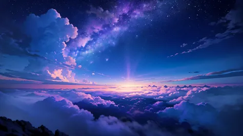 ((Ultra Wide Angle)),((highest quality)),(Ultra-high resolution),(Very detailed),Starry Sky,sea of clouds, , Ultra-fine, Depth o...