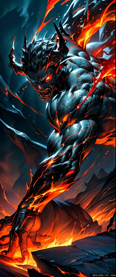 ((masterpiece, highest quality, Highest image quality, High resolution, photorealistic, Raw photo, 8K)), ((Extremely detailed CG unified 8k wallpaper)), Statue of a demon made of black rock, Lava demon, sparks of fire dance, flames erupt from the torn body, images of flames in the darkness, red and black theme, angry face,