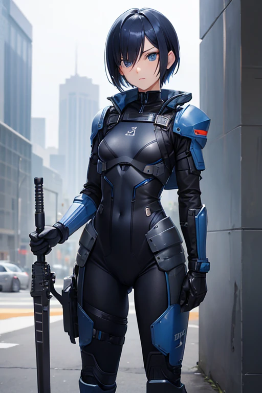 Dark blue hair，short hair，neutral，boyish，Hiding one eye，slender，Rin々A funny face，Powered Suit，Reinforced Suit，mechanical，Science fiction，Black sleeveless coat，With a sword，headgear，Small breasts，Small breasts，Flat Chest，tall，Slightly muscular，Handsome，The innerwear is a bodysuit，Armament，Pilot Suit，Hard boots，armor，Carrying a rifle，Chest protector，Protector on shoulder，I put on a coat，Waist device，1 person