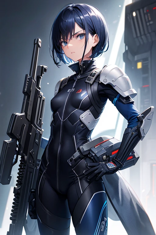 Dark blue hair，short hair，neutral，boyish，Hiding one eye，slender，Rin々A funny face，Powered Suit，Reinforced Suit，mechanical，Science fiction，Black sleeveless coat，With a sword，headgear，Small breasts，Small breasts，Flat Chest，tall，Slightly muscular，Handsome，The innerwear is a bodysuit，Armament，Pilot Suit，Hard boots，armor，Carrying a rifle，Chest protector，Protector on shoulder，I put on a coat，Waist device，1 person