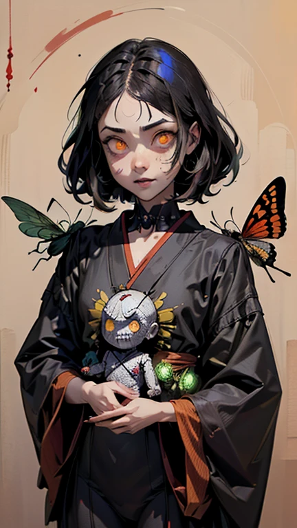 (,(masterpiece), (High resolution), (Very delicate), (masterpiece: 1.2, highest quality), scribble, nightmare, Doll-like face, Manga style, rough sketch, Manga styleイラスト, Japanese painting, whole body,(snap shot), Flat Illustration, Creepy Appearance, Unique atmosphere、A man surrounded by a multitude of insects、Grotesque background、Zombie with glowing eyes behind the girl
