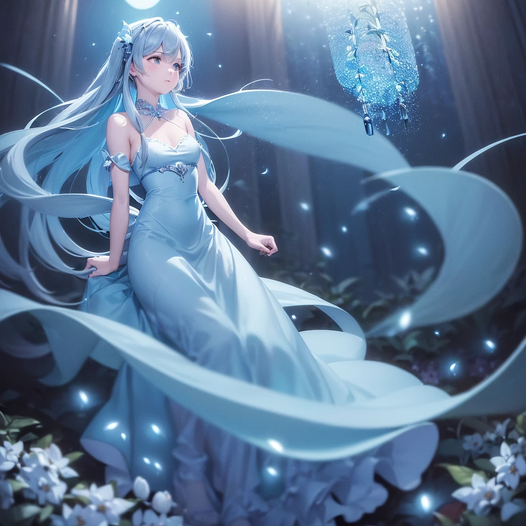 (masterpiece:1.2),((highest quality)),(One woman:1.3),(Blue Moonlight:1.3),(Cinematic lighting),sit,Bokeh,(Many glowing blue fireflies),Mysterious woman,Light blue long hair,White long dress,Magical atmosphere,Soft Light,(Slim body),Small blue flowers blooming all over,whole body,Blue light