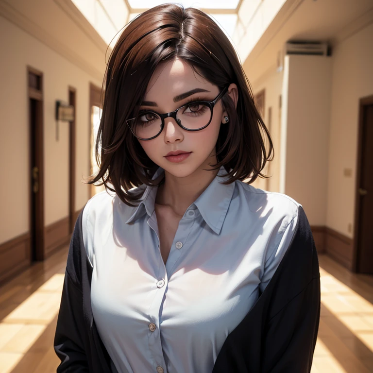 A teacher with round glasses, short wavy orange hair, a toned body, perfect breasts, a button-up shirt, a formal skirt, full lips, and a sweet face. 