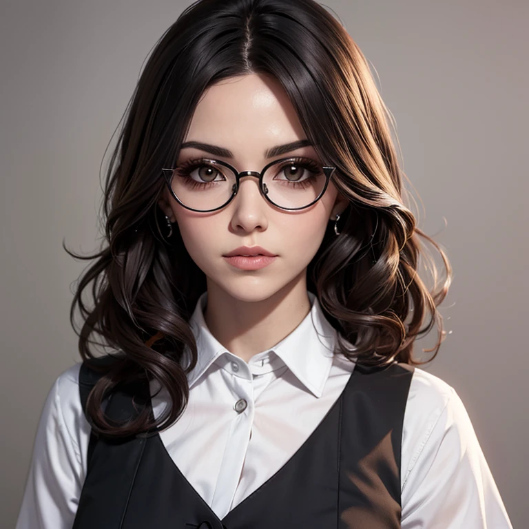 maestra lentes redondos cabello naranja ondulado corto cuerpo firme senos perfectos camisa de botones falda formal labios carnosos cara tierna 