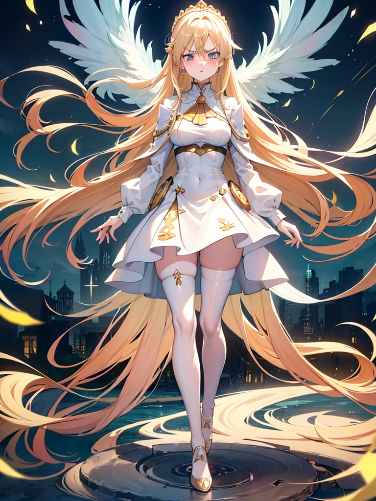 
Qualité 8k, entièrement détaillé, 
Style animé, vue complète du corps, 1 fille, femme mature, reine, cheveux longs, cheveux blond, cheveux style hime, cheveux sur un œil, yeux aigue-marine amande, long cils, lèvres fines et bien définies, avec une teinte légèrement rosée, seins moyens, Cuisses, thick Cuisses, Hanches moyennes, (((expression très en colère (exagéré))),((( moue (very exagéré))))(((joues gonflées (very exagéré)))), Robe blanche, s&#39;habiller avec élégance, robe de princesse, Jupe mi-longue, Encolure ouverte, bas serrés aux cuisses, talons hauts noirs, sweat-shirt, blue sweat-shirt, sweat-shirt à capuche, manches longues, manches larges, open sweat-shirt, debout, Les jambes écartées, belles mains, ongles longs, ciel bleu, en public, arrêt du train.