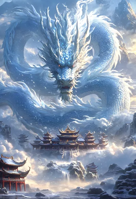 Arion Landscape,in the fantasy world,Traditional Chinese architecture, dragon，snow，cloud,Ocean,Sky,Mountain, thunder，{A head}
