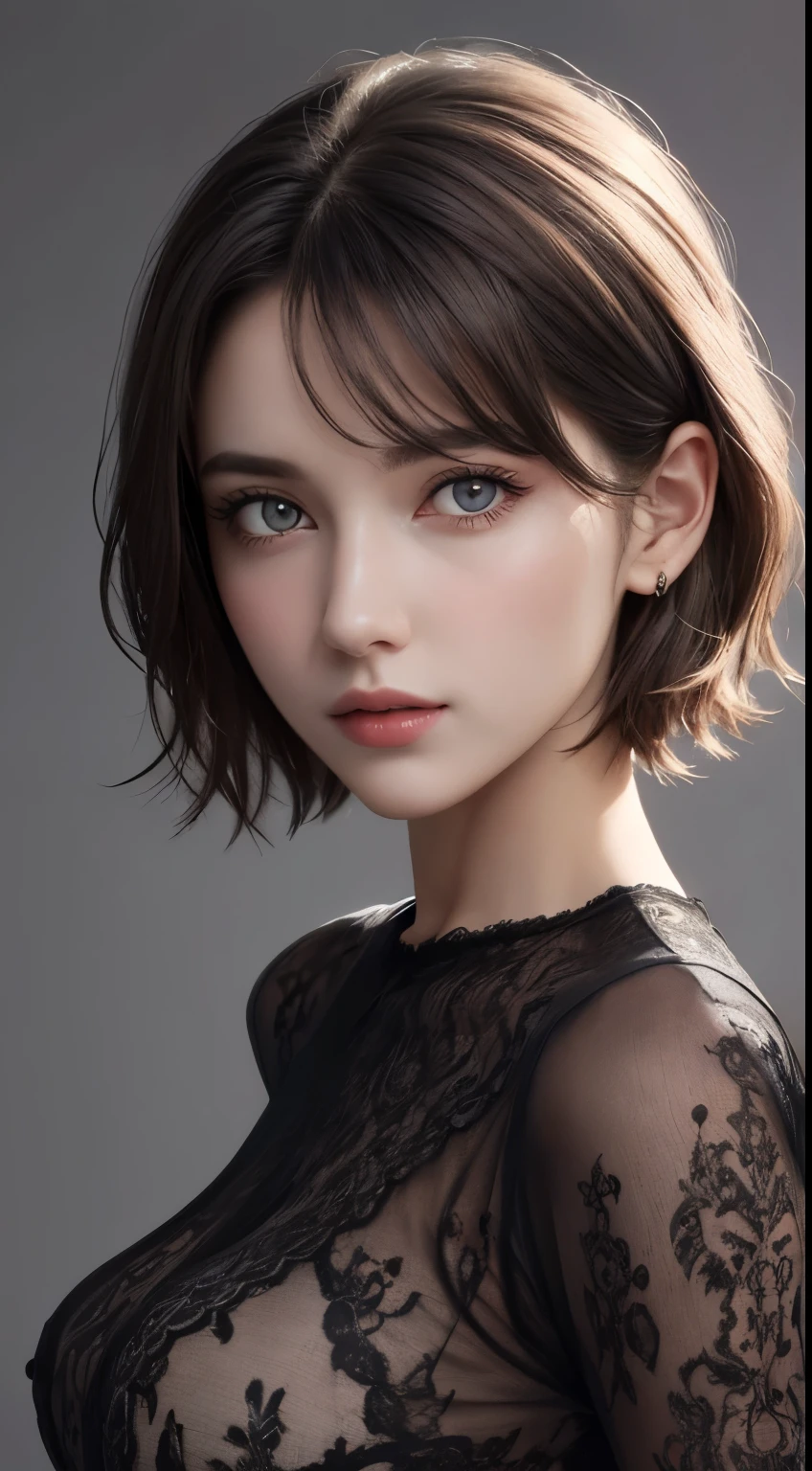 8K uhd、RAWphotograph、モデルphotograph撮影、 European race、(masterpiece、highest quality、Photorealistic、High resolution、photograph:1.3)、Close-up、Focusing、Hot Model、slim、30 year old mature woman、Small face、No makeup、Short Hair、Dark Brown Hair、Fine beautiful eyes、Real Skin、(perfect body)、Detailed beautiful eyes、Glossy lips、Small breasts、Small breasts、Bust B cup、Realistic details、Cool beauty、Cool pose、Background gray、Plain grey background、