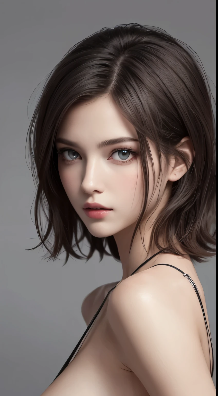 8K uhd、RAWphotograph、モデルphotograph撮影、 European race、(masterpiece、highest quality、Photorealistic、High resolution、photograph:1.3)、Close-up、Focusing、Hot Model、slim、30 year old mature woman、Small face、No makeup、Short Hair、Dark Brown Hair、Fine beautiful eyes、Real Skin、(perfect body)、Detailed beautiful eyes、Glossy lips、Small breasts、Small breasts、Bust B cup、Realistic details、Cool beauty、Cool pose、Background gray、Plain grey background、