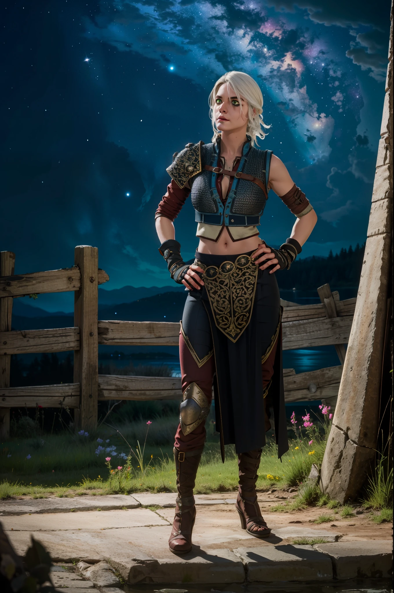 ciriW3_soul3142, 1girl, green eyes, white hair, (scar across eye), chainmail, shoulder armor, fingerless gloves, midriff,  looking up, full body, hand on hip, night sky, masterpiece, best quality,  intricate details, 