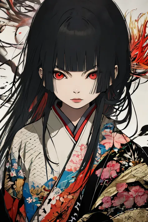 Red spider lily, Enma Ai, Let your hair down, Hair is black, bangs, Red eyes, masterpiece, highest quality, Very detailed, figur...