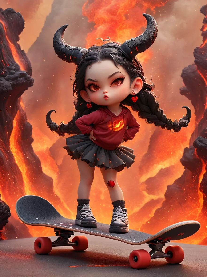 1girl, demon whose body is made of lava, With menacing horns and crimson lava skin, strike a playful pose, Standing on a skateboard, (one eye Close:1.6), Red Eyes, Pouting cute little mouth, Swirling tendrils of smoke leave behind them, proudly, (Volcanic magma background), (The Abyss of Hell), Cartoon Style, full-body shot, Created with C4D and Blender, Blind box toy styles, precise, Super Detail, Anatomically correct, masterpiece