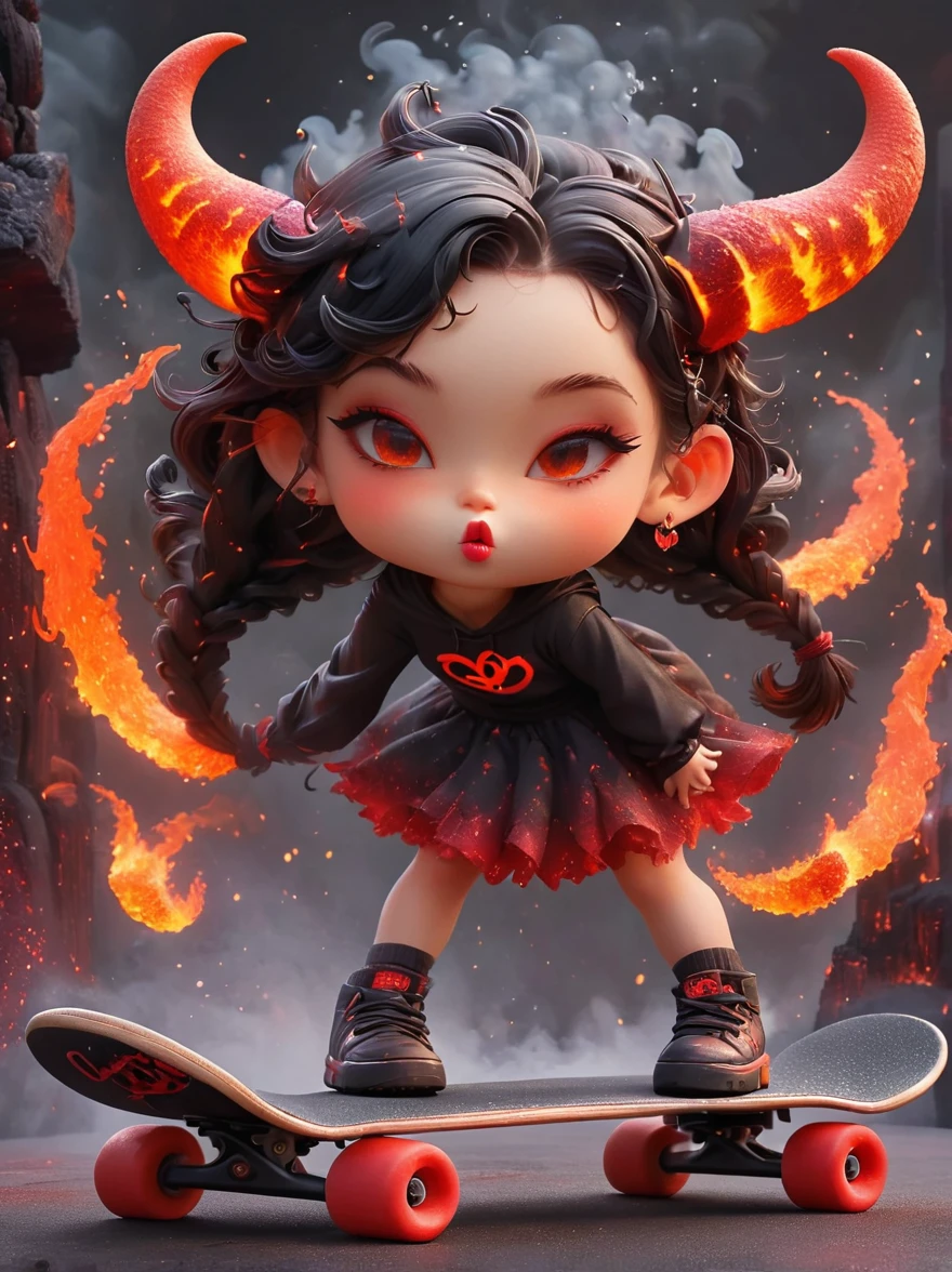 1girl, demon whose body is made of lava, With menacing horns and crimson lava skin, strike a playful pose, Standing on a skateboard, (one eye Close:1.6), Red Eyes, Pouting cute little mouth, Swirling tendrils of smoke leave behind them, proudly, (Volcanic magma background), (The Abyss of Hell), Cartoon Style, full-body shot, Created with C4D and Blender, Blind box toy styles, precise, Super Detail, Anatomically correct, masterpiece