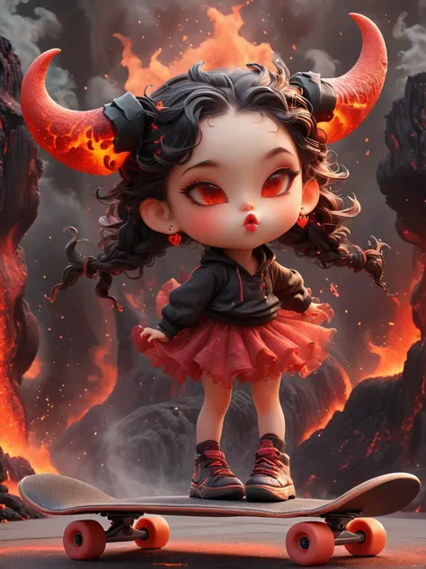 1girl, demon whose body is made of lava, with menacing horns and crimson lava skin, strike a playful pose, standing on a skatebo...