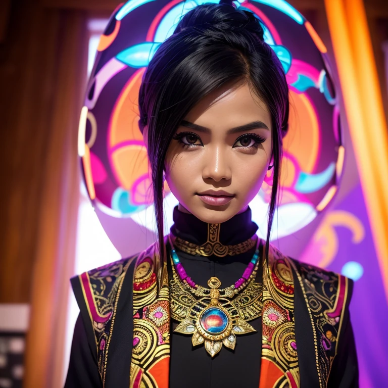 An Indonesian-styled futuristic suit worn by a girl depicting cultural fusion and modern fashion. The suit is adorned with intricate patterns and vibrant colors, showcasing the rich heritage of Indonesia. The girl stands confidently in a dynamic pose, with her detailed eyes reflecting determination and curiosity. The suit's material is a combination of traditional textiles and futuristic synthetic fabrics, giving it a unique and avant-garde appearance. The overall image quality is of the highest standard, with sharp focus and ultra-detailed rendering. The artwork employs physically-based rendering techniques, resulting in realistic lighting and shadows. The colors are vivid and vibrant, capturing the essence of Indonesian cultural aesthetics. The background features a fusion of modern architecture and traditional elements, creating a harmonious blend of the past and the future. The prompt explores the intersection of Indonesian culture, futuristic design, and the artistic representation of a confident girl.