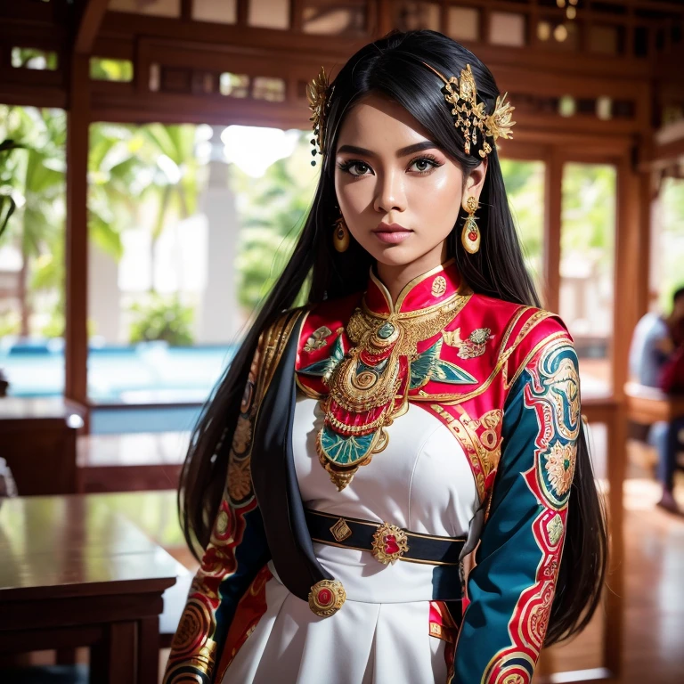 An Indonesian-styled futuristic suit worn by a girl depicting cultural fusion and modern fashion. The suit is adorned with intricate patterns and vibrant colors, showcasing the rich heritage of Indonesia. The girl stands confidently in a dynamic pose, with her detailed eyes reflecting determination and curiosity. The suit's material is a combination of traditional textiles and futuristic synthetic fabrics, giving it a unique and avant-garde appearance. The overall image quality is of the highest standard, with sharp focus and ultra-detailed rendering. The artwork employs physically-based rendering techniques, resulting in realistic lighting and shadows. The colors are vivid and vibrant, capturing the essence of Indonesian cultural aesthetics. The background features a fusion of modern architecture and traditional elements, creating a harmonious blend of the past and the future. The prompt explores the intersection of Indonesian culture, futuristic design, and the artistic representation of a confident girl.