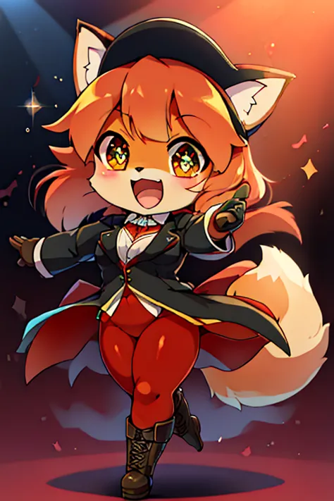 boy, fox, furry, bodyfur, blazer, bottomless, red tights, gloves, boots, chibi, sparkling eyes, idol, dancing, singing