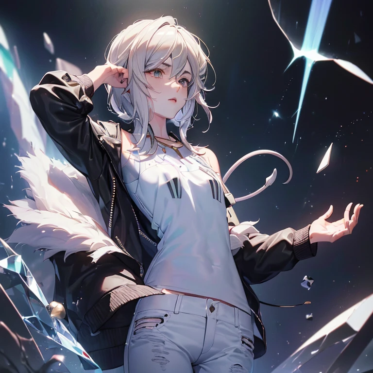 (Shishiro Botan),(((leather jacket))),((((white_shirt)))),(((jeans))),((diffraction of light)),((tyndall effect)),(((pale red lip))),(((fuller lips))),(((beeline))),(((sense of depth))),((highest quality)),((32K)),((HDR)),((Ultra-high resolution)),((RAW)),((Realism)),((masterpiece)),(Intricate details),(Delicate and beautiful details),Detailed eyes,Detailed facial features,glossy lips,((((madeon)))),((perfect anatomy)),gleaming skin,(best illuminate),(cinematic shadows),((absolutely resolution)),((incredibly absurdres)),((highres)),(refraction_1.4),((ultra detailed)),