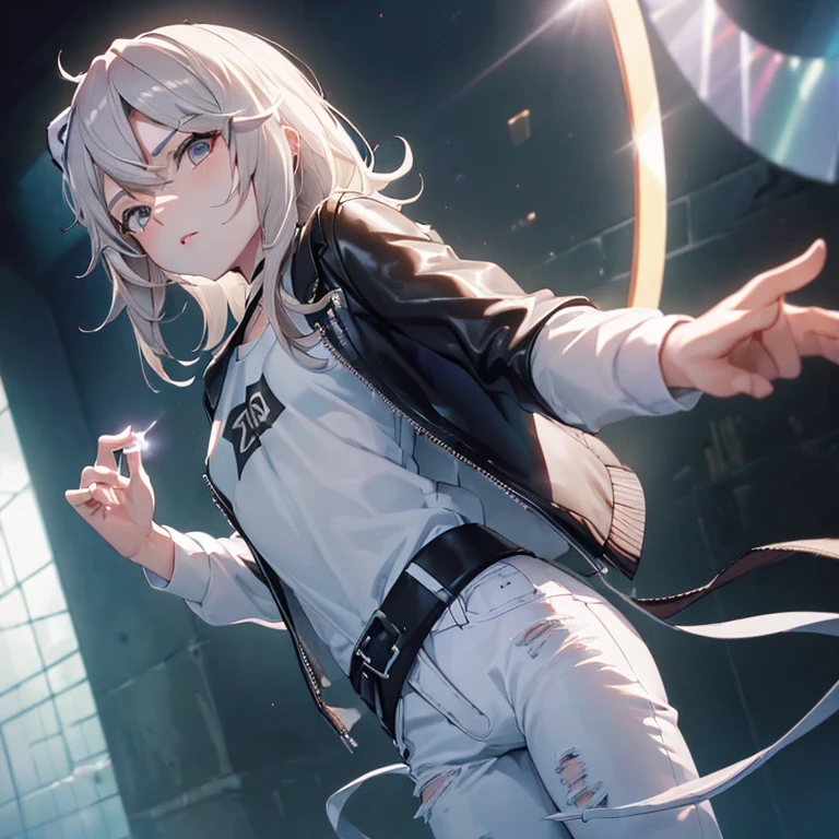 (Shishiro Botan),(((leather jacket))),((((white_shirt)))),(((jeans))),((diffraction of light)),((tyndall effect)),(((pale red lip))),(((fuller lips))),(((beeline))),(((sense of depth))),((highest quality)),((32K)),((HDR)),((Ultra-high resolution)),((RAW)),((Realism)),((masterpiece)),(Intricate details),(Delicate and beautiful details),Detailed eyes,Detailed facial features,glossy lips,((((madeon)))),((perfect anatomy)),gleaming skin,(best illuminate),(cinematic shadows),((absolutely resolution)),((incredibly absurdres)),((highres)),(refraction_1.4),((ultra detailed)),