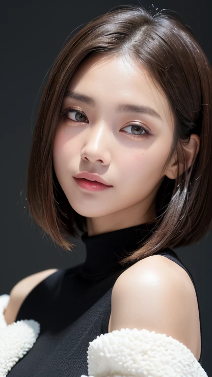 (((Close-up of face)))、(((Absolutely shoulder-length brown straight short bob)))、(((She is posing like a hair salon model, with a black wall indoors as the background.)))、(((Casual black winter long sleeves with shoulders covered)))、Half Japanese, half Korean、18 year old girl、Standing Alone、Looking forward、Light eye makeup、Brown Hair Color、Flat and 、Hair blowing in the wind、Actress Quality、Glossy, ultra-realistic face、Smiling face、Watery eyes、Gazing Up、Subtle lighting effects、 Ultra-Realistic Capture、Very detailed、High resolution 16K close up of human skin。Skin texture must be natural、The details must be such that pores can be clearly seen、The skin is healthy、Uniform tone、Use natural light and colors、A worn-out, high-quality photo taken by a model agency&#39;s in-house photographer.、smile、(((SIGMA 300 mm F/1.4,1/1000 sec shutter,ISO 400))) 