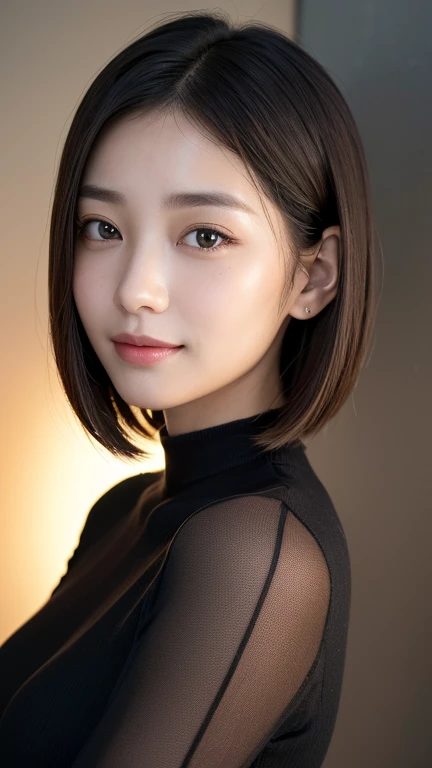 (((Close-up of face)))、(((Absolutely shoulder-length brown straight short bob)))、(((She is posing like a hair salon model, with a black wall indoors as the background.)))、(((Casual black winter long sleeves with shoulders covered)))、Half Japanese, half Korean、18 year old girl、Standing Alone、Looking forward、Light eye makeup、Brown Hair Color、Flat and 、Hair blowing in the wind、Actress Quality、Glossy, ultra-realistic face、Smiling face、Watery eyes、Gazing Up、Subtle lighting effects、 Ultra-Realistic Capture、Very detailed、High resolution 16K close up of human skin。Skin texture must be natural、The details must be such that pores can be clearly seen、The skin is healthy、Uniform tone、Use natural light and colors、A worn-out, high-quality photo taken by a model agency&#39;s in-house photographer.、smile、(((SIGMA 300 mm F/1.4,1/1000 sec shutter,ISO 400))) 