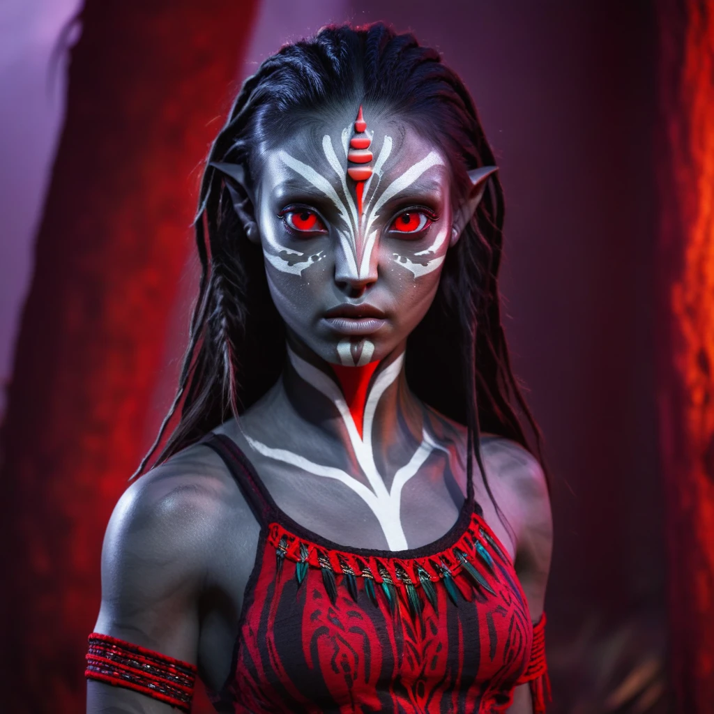 avatar character, ((face portrait:1.5)), 1girl, female, (gray skin tone:1.0), (long hair:1.0), black hair color, red eyes, (young adult), 18 years old:1, (pointy fangs), face wrinkles, wearing tribal clothing, wearing a top, detailed eyes, toned body, muscled body, vibrant colors, glowing, ethereal atmosphere, surrealistic dreamy lighting, textured skin, otherworldly beauty, mesmerizing photography, (best quality, highres), vivid colors, ultrarealistic, skin details, striped skin, sfw, face close-up:0.5, ultradetailed body