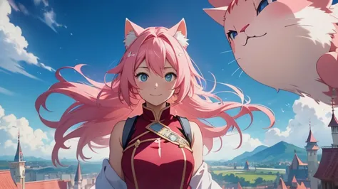 Anime girl with pink hair and cat ears, gazing at the horizon with a radiant smile, as a floating castle and distant people with...