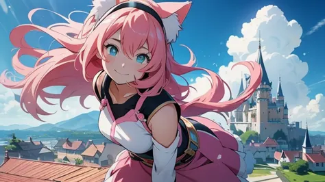 Anime girl with pink hair and cat ears, gazing at the horizon with a radiant smile, as a floating castle and distant people with...